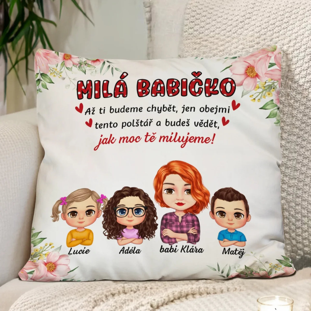 Jedinečný polštářek ke Dni matek pro babičky až se 4 vnoučaty4