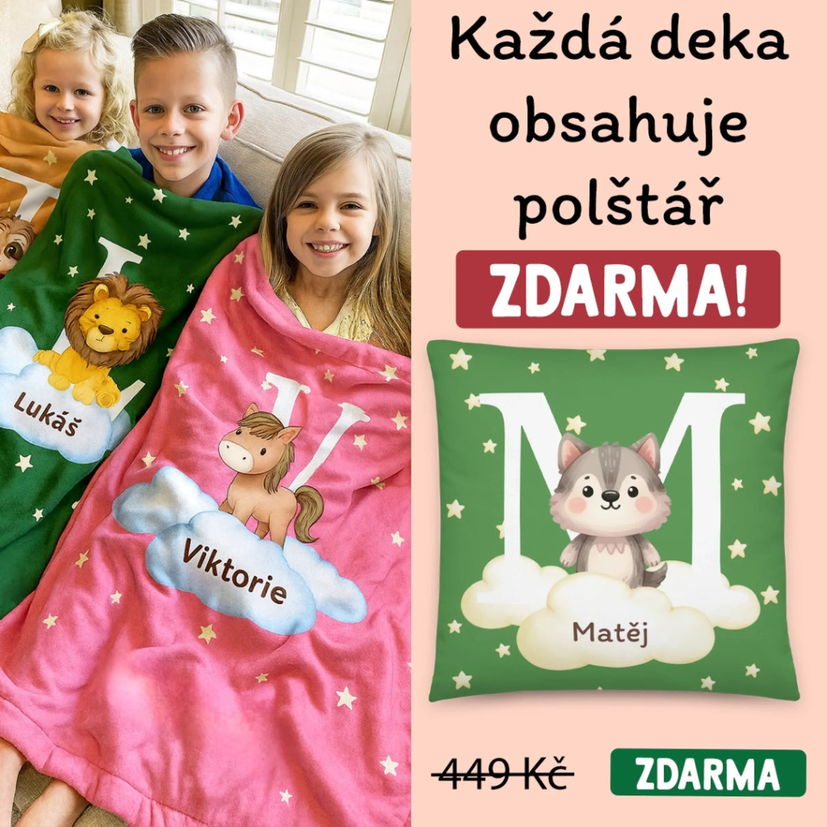 Deka na zakázku pro děti, s vlastním jménem - roztomilá zvířátka3