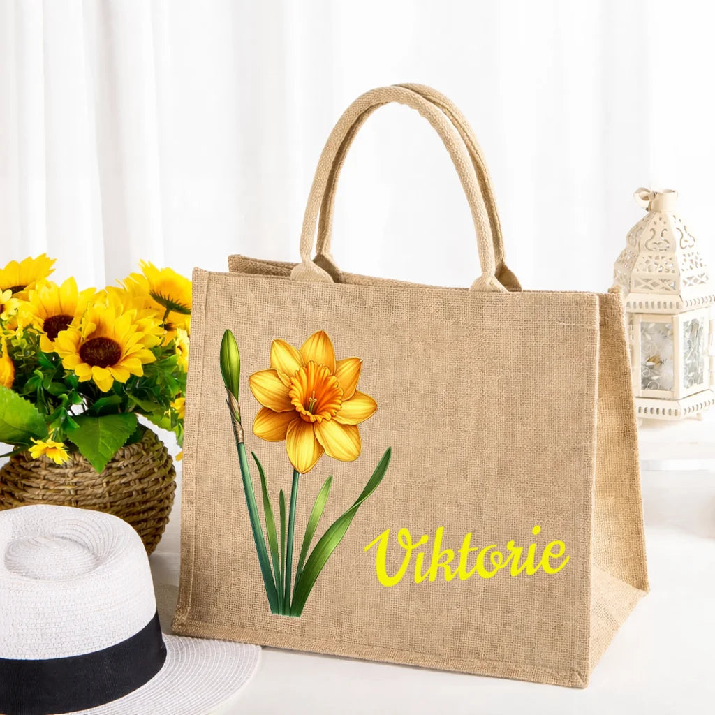 Personalizovaná jutová taška - se jménem a květinou